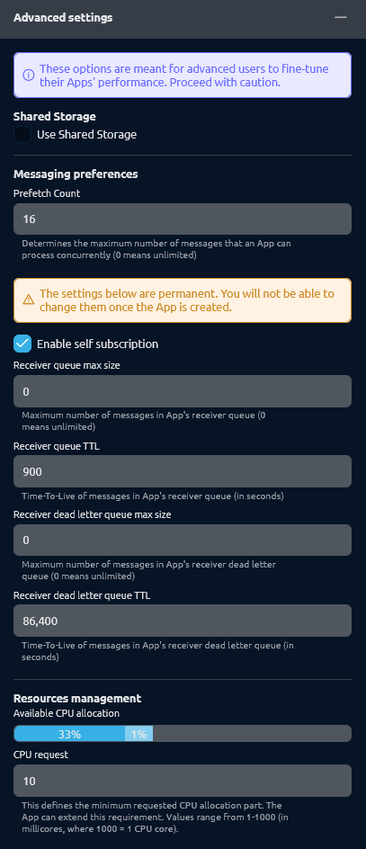Advanced settings view on the App creation wizard