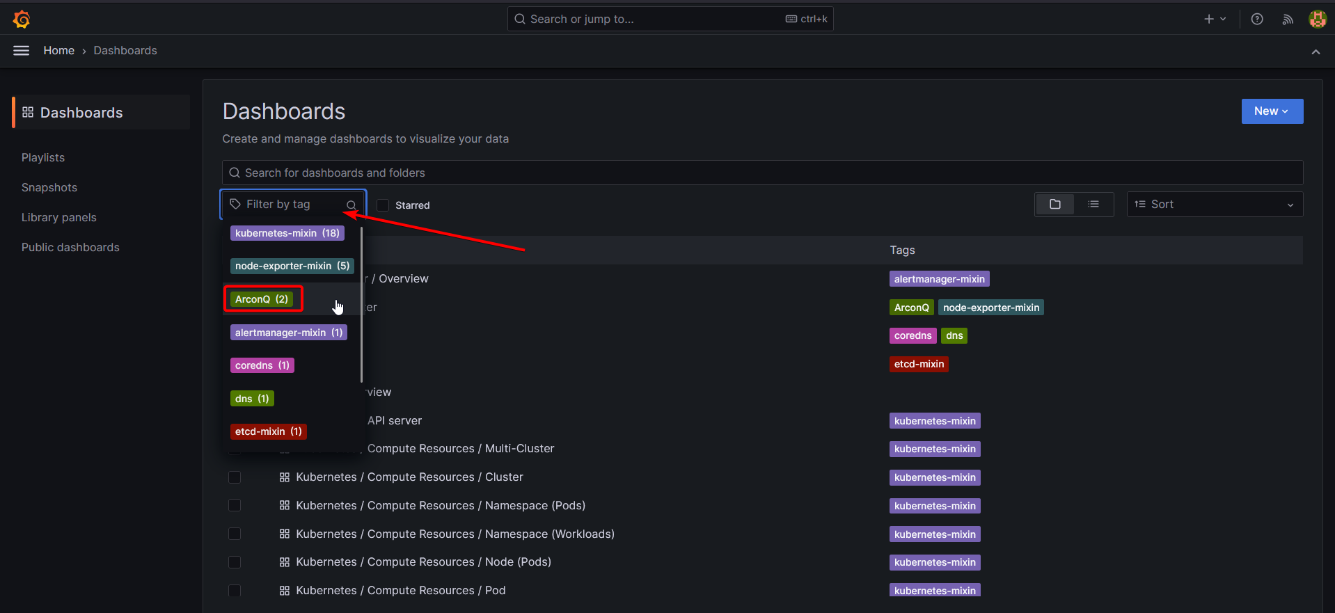 Filtering dashboards by tags