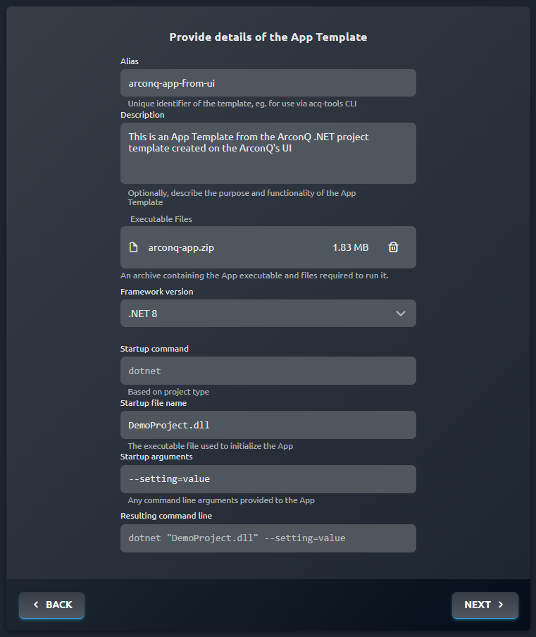 Create App Template - Step settings